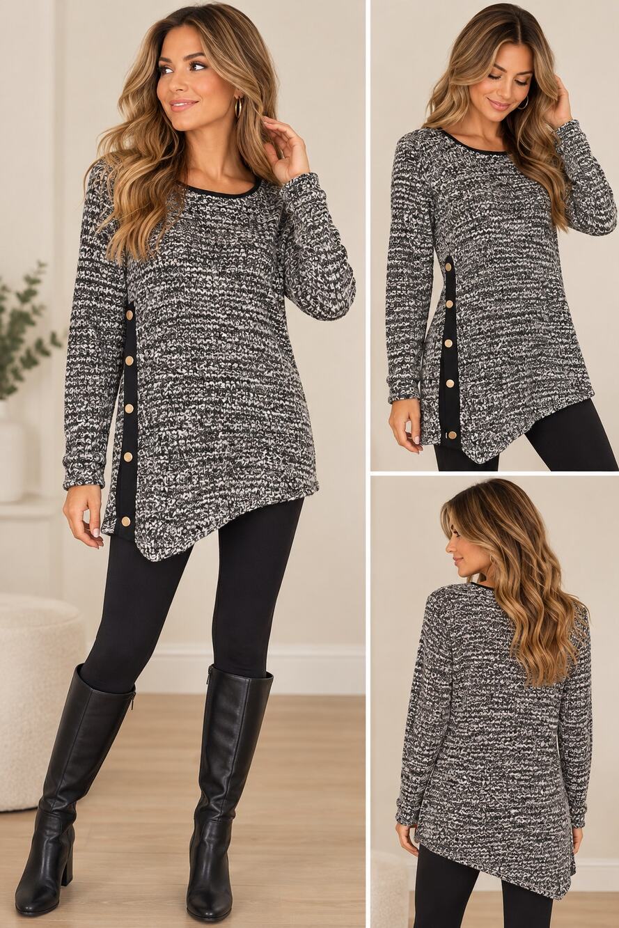 Zenergy by Chico’s 1 Black White Marled Knit Side Button Tunic Sweater